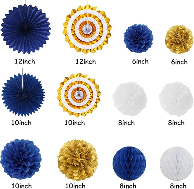Navy-Blue Gold-White Party-Decoration Graduation Banner - 14pcs Kits Cap Garland Streamers, Royal Paper Tissue Pom Poms Flowers Fans Honeycomb,Class Of 2026 College High School Grad Decor Hugfond