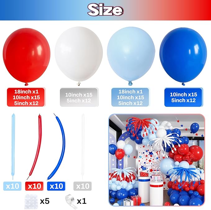 Red White Blue Balloon Arch Kit, 12 Inch Royal Light Blue Red White Latex Helium Balloon Garland for Royal Patriotic Baseball Nautical Birthday Baby Shower Graduation Party Decoration