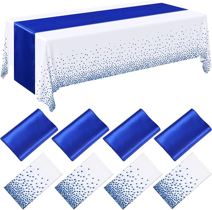 Breling 8 Pack Royal Blue Disposable Plastic Tablecloths and Satin Table Runner Set, 54 x 108 Inch Tablecloth, 12 x 108 Inch Table Runners for Wedding Graduation Birthday Baby Shower New Year