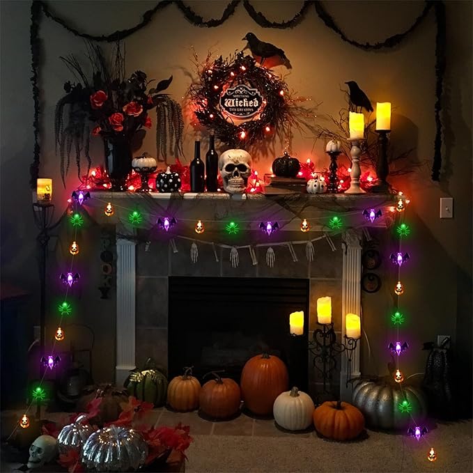 Halloween Lights Decor, 16 FT 30 LED 3D Pumpkin Bat Spider Battery Operated String Lights with Timer, 8 Lighting Modes Fairy Light for Home Door Porch Indoor Outdoor Halloween Party Decorations