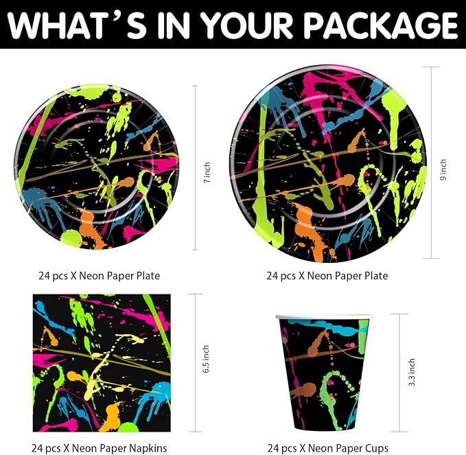 Neon Party Supplies Tableware - Glow Party Decorations Include Plate, Cup, Napkin, Tablecloth, Cutlery, Straw - Graffiti Theme Birthday Baby Shower Decorations | Serve 24