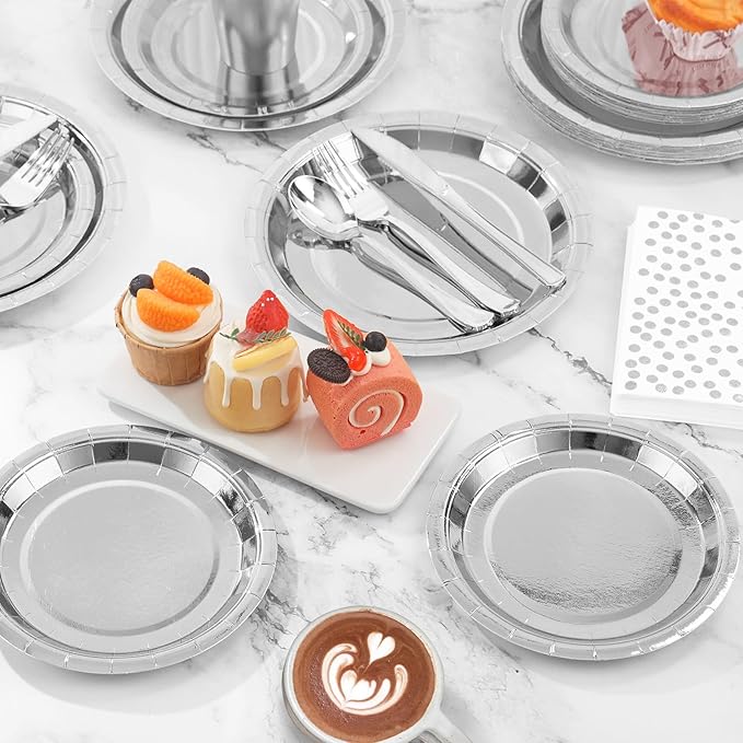 Silver Plates Party Supplies Disposable Dinnerware Set,168pcs Silver Paper Plates and Napkins for Graduation Holiday Disco Birthday Party Decorations Serves 24