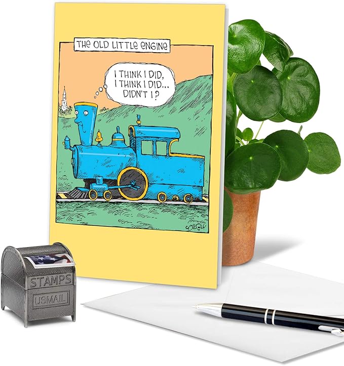 NobleWorks - 1 Humor Birthday Card with Envelope - Funny Cartoons for Birthday Greetings, Celebration Notecard - Old Little Engine C6955BDG