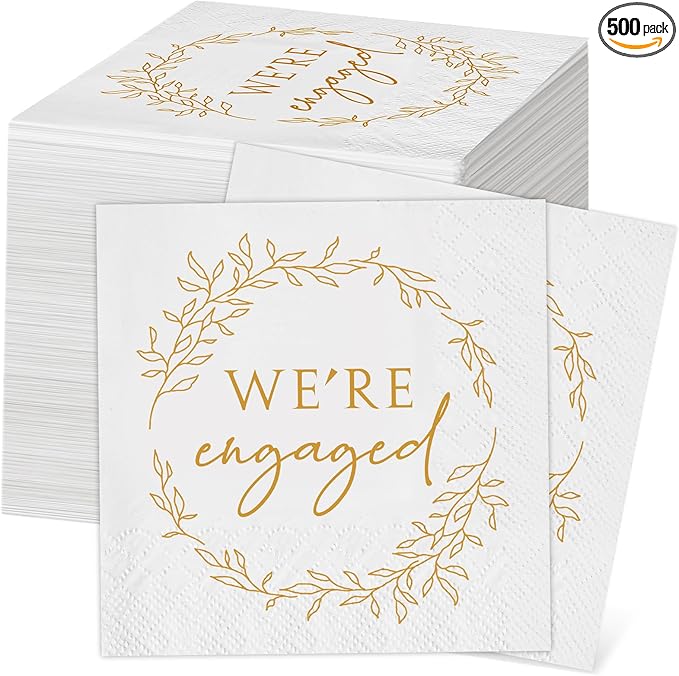 Kosiz 500 Pack We're Engaged Napkins Gift 3 Ply Disposable Paper Engagement Cocktail Napkins for Wedding Party Beverage Dinners Cake Tableware Decorations, 4.5 x 4.5 Inch
