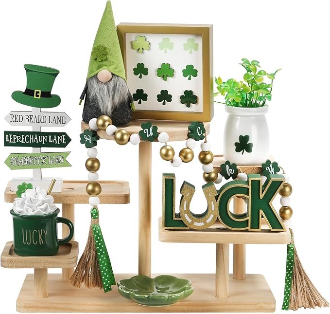 St Patrick's Day Decoration 8 PCS Tiered Tray Decor Set, Cute Tabletop Saint Patty's Day Décor for Home Shelf Mantel Fireplace Office Desk Coffee Bar Shamrock Sign Gnome Lucky Irish Tray Objects