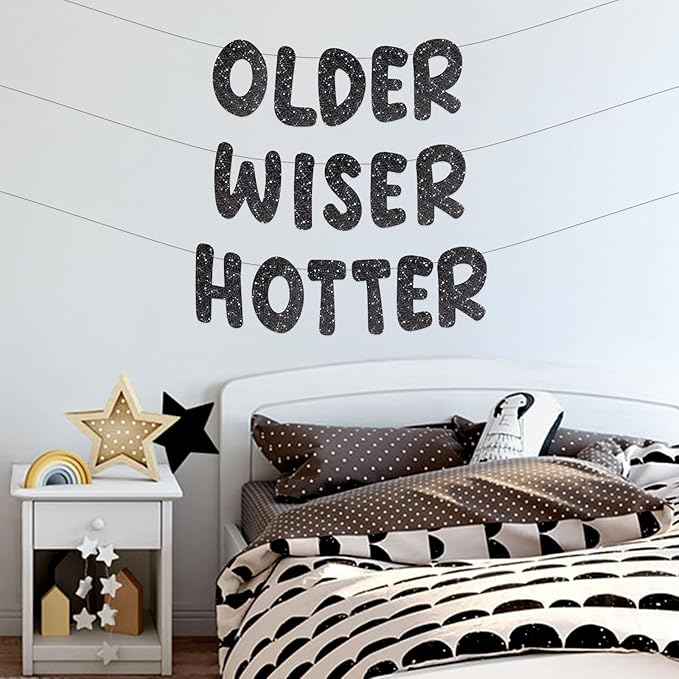 Pre-Strung Happy Birthday Banner Birthday Sign NO DIY Glitter Older Wiser Hotter Banner for Women Men 30th 40th 50th 60th 70th 80th Funny Black Birthday Decorations (Black)