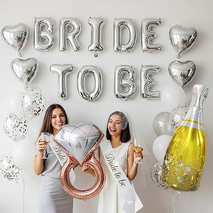 Silver Decorations pearl White balloons Bridal Veil BRIDE TO BE Balloons Sash with Diamond Ring Heart Champagne Balloons Bridal Veil for Bachelorette Party Decor Bride To Be Bridal Shower
