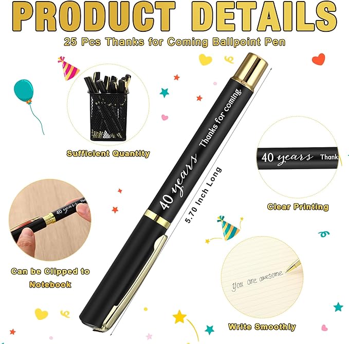 Spakon 25 Set 40th Birthday Party Favor for Guest Anniversary Party Favor Golden Birthday Bookmark Thanks for Coming Pen with Tag Appreciation Gifts for Women Men Wedding New Year
