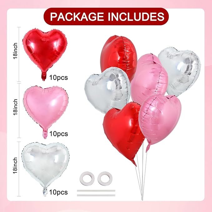 TONIFUL 30Pcs 18 Inch Heart Balloons Red Silver Pink Valentine’s Day Heart Shape Foil Mylar Balloons Decoration for Valentine's Day Wedding Bridal Shower Anniversary Engagement Party Supplies