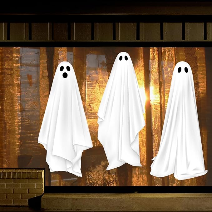 Halloween Decorations Window Clings Decor, 3 Pcs Large White Ghost Decal for Mirror Silhouette Halloween Window Decals Indoor, School Home Office Party Supplies for Glass Windows, 3 Sheets
