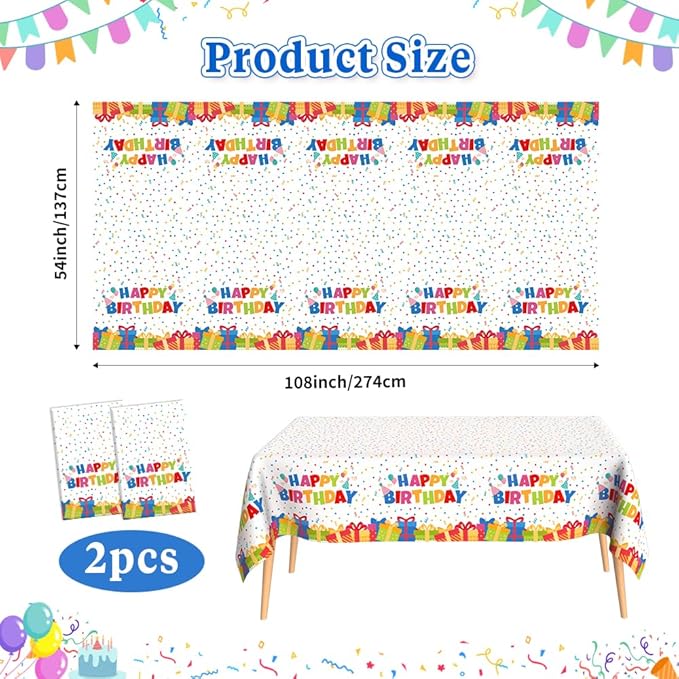 Birthday Tablecloth, 2 PCS Birthday Table Cloths 54'' x 108'' Disposable Birthdays Table Cover Waterproof Plastic TableCloth Rectangle Party Tablecloths for Kid’s Happy Birthdays Party Decorations