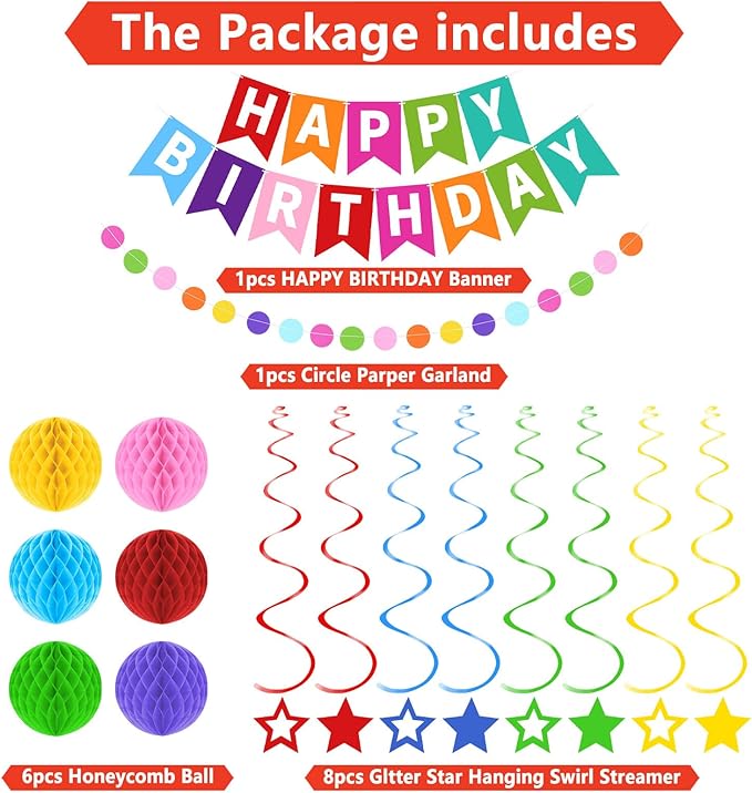 Happy Birthday Banner, Rainbow Birthday Decorations Set with 6 Honeycomb Balls, 8 Star Hanging Swirl Streamers, Circle Dots Garland Perfect for Women, Men, Boys, Girls