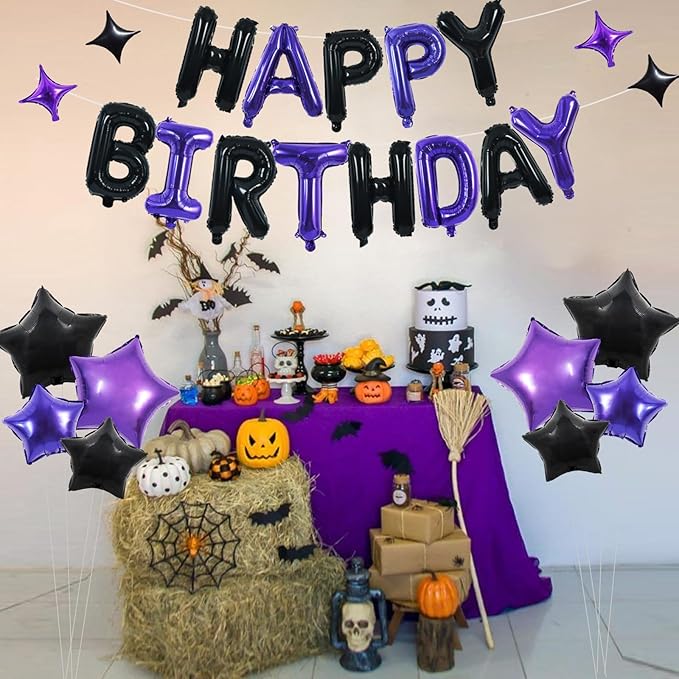TONIFUL 35PCS Black Purple Happy Birthday Decorations Kit 16 Inch Happy Birthday Balloon Banner Decorations Supplies for Men Women Adults Girls Boys Kids for Halloween Chrismas New Year