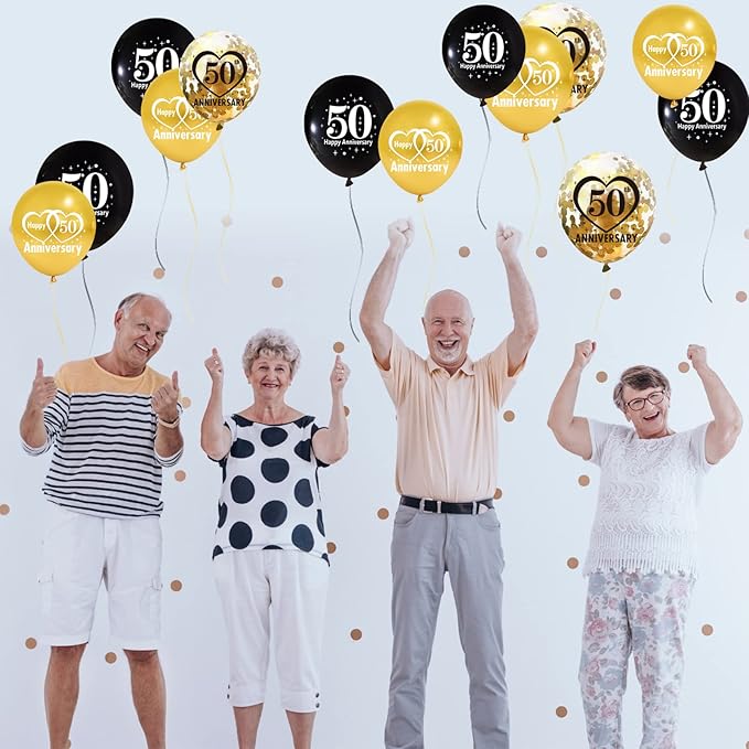 Lnlofen 30pcs 50th Anniversary Decorations Kit, 12 Inch Black Gold Happy 50 Wedding Latex Confetti Balloons, Party Supplies for 50 Year Theme Indoor Outdoor Decor