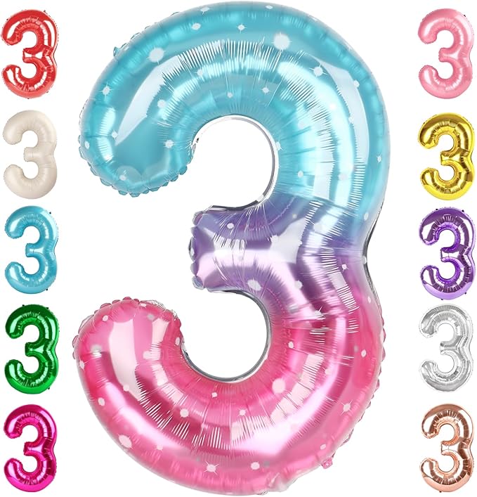 Numbers Balloon 3, 40 Inch Large Pink Purple Blue Balloon for Three Year Old Birthday Decor, 3 13 30 31 Birthday Party Decorations for Wedding Supplies