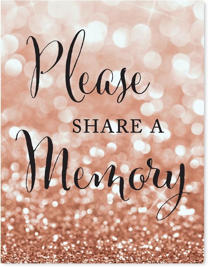 Andaz Press Wedding Party Signs, Glitzy Rose Gold Glitter, 8.5x11-inch, Please Share a Memory, 1-Pack, Bokeh Colored Party Supplies