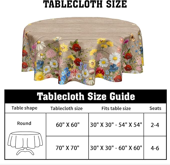 Spring Summer Round Tablecloth 70 Inch Vintage Floral Brown Wood Circle Table Cloth Farmhouse Table Cover Washable Polyester Indoor Decorations for Home Kitchen Dinning Party