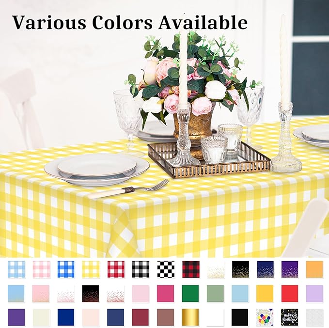 4 Pcs Yellow Checkered Tablecloth 54 ×108 Inches Rectangle Yellow Gingham Tablecover Disposable Plastic Waterproof Table Cover for Outdoor Picnic, Kitchen, Holiday Birthday Party