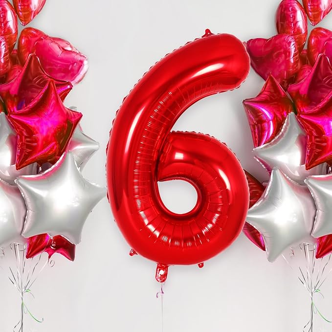 Red Number 6 Balloon 40 Inch, Big Large Foil Helium Number Balloons, Jumbo Giant Mylar Number 6 Balloons for 6 Year Old Birthday Red Party Decorations Supplies Anniversary