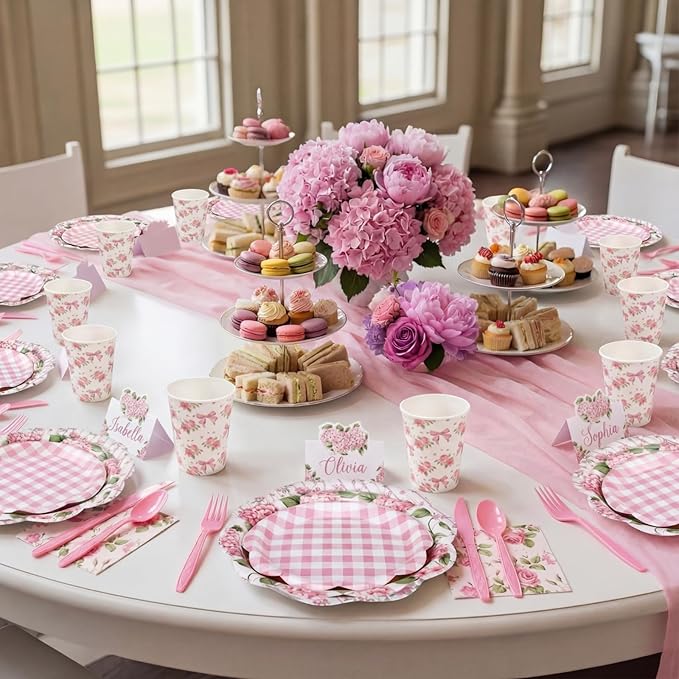 Shellwei 410 Pcs Pink Hydrangea Tea Party Decorations Elegant Floral Paper Plates and Napkins Set Disposable Party Tableware Sets with Cups Knives Forks Spoons Seat Card Favors for 50 Guests