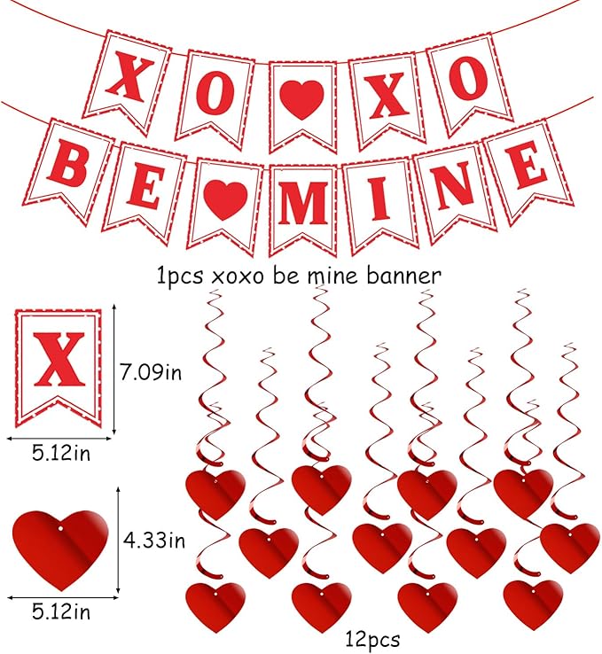 Galentines Party-Decoration Valentines-Day Heart Garland - 25pcs Red Paper Streamers Honeycomb Fans XOXO BEMINE Banner, Anniversary Baby Shower Wedding Love Hanging Supplies Decor Hugfond