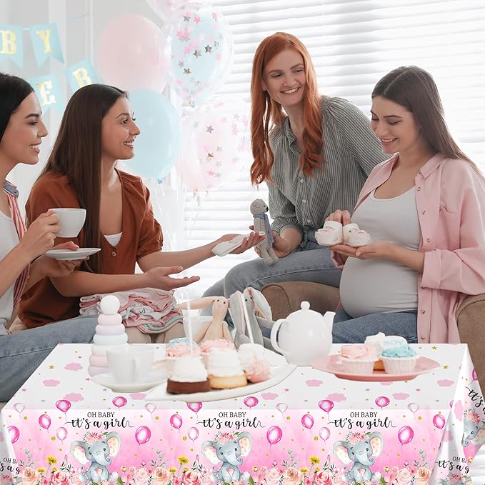 3 Pack Elephant Baby Shower Decorations - Plastic Tablecloth Table Cover Backdrop for Boy Girl Gender Party Supplies, 54 x 108 Inch, Pink