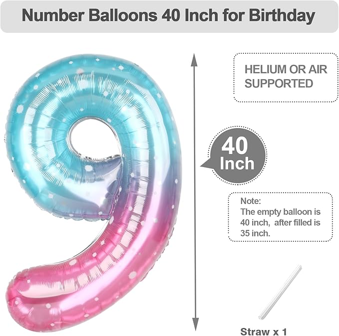 Pink Blue Purple 9 Balloon, Big 40 Inch Happy 9 19 29 90 Birthday for Men And Women, Foil Balloons Decoratins for Wedding Anniversary, Single, New Year, Halloween Party Syupplies