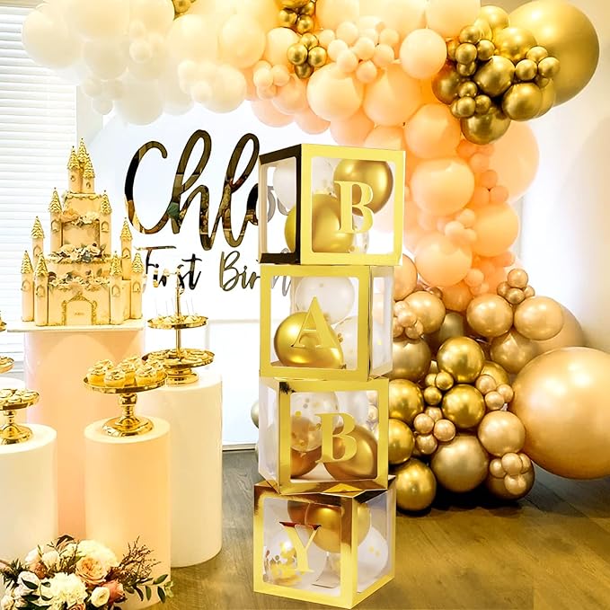 Baby Boxes with Letters for Baby Shower, 4 Transparent Balloon Boxes with Letters for Gender Reveal Birthday Wedding Baby Shower Decorations (Gold)