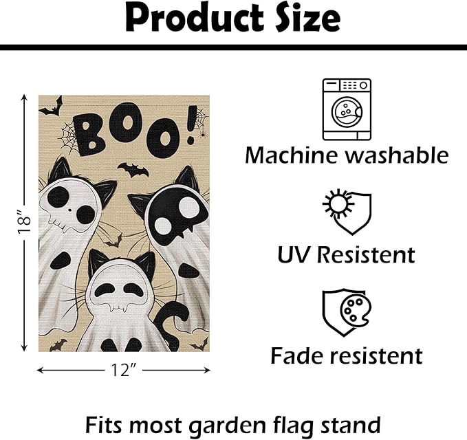 Heyfibro Ghost Black Cat Halloween Garden Flag 12x18 Inch Double Sided Cute Boo Yard Flag Burlap Spooky Small Halloween Flags for Outside House Yard Farmhouse Holiday Decoration