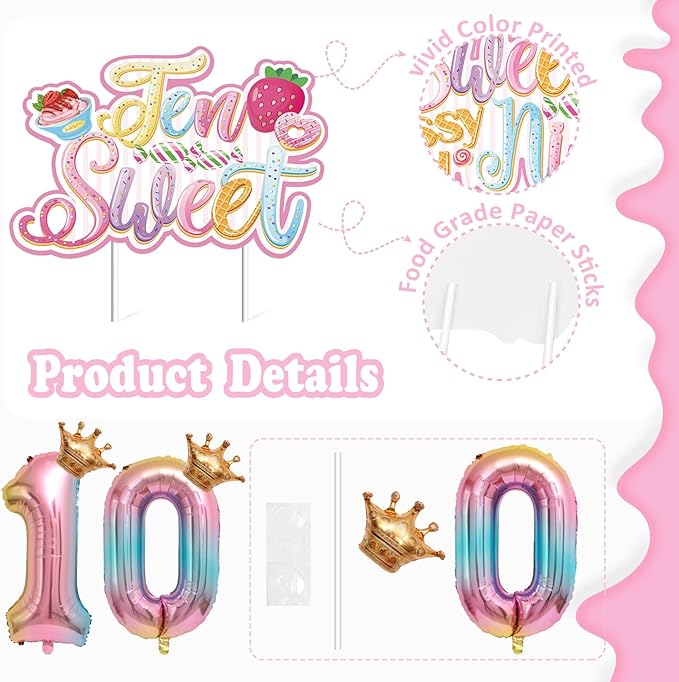 Sweet Ten Birthday Decorations- 10th Birthday Decorations For Girl With Happy 10th Birthday Banner Sweet Ten Cake Topper 10th Foil Balloon For 10th Donut Themed Party Decor Gifts For Teenage
