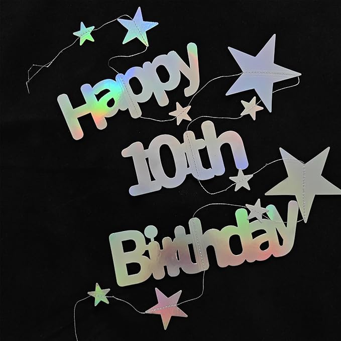 Iridescent 10th Birthday Decorations for Girls Boys Metallic Twinkle Stars Garland Hanging Streamers Double Digits Bunting Banner Party Backdrop Decor Suppliess