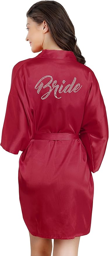 EPLAZA Women's One Size Silver Rhinestones Bride Bridesmaid Short Satin Robes for Wedding Party Getting Ready