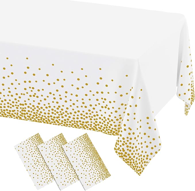 misaya 3 Packs Dot Disposable Table Cloth, 54 x 108 Inch Waterproof Plastic Tablecloth, Rectangle Gold Dots in White Table Covers for Easter, Picnic, Birthday, Party