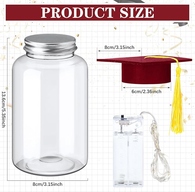Boao 16 Sets Graduation Table Decoration Set with LED Light up Graduation Decorations for Class of 2026, Grad Jar, Felt Grad Hat and Stickers for High School College(Dark Red,Vivid)