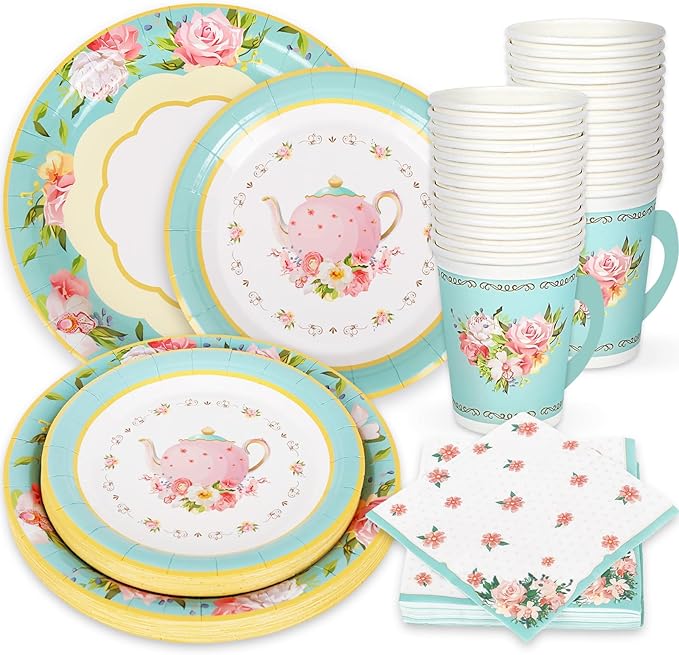 Whaline Tea Party Tableware Supplies Serves 24 Floral Tea Party Disposable Paper Dinnerware 24 9" Plates 24 7" Saucer Plate 24 9oz Tea Cups with Handle 48 Luncheon Napkins for Birthday Bridal Shower