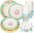 Whaline Tea Party Tableware Supplies Serves 24 Floral Tea Party Disposable Paper Dinnerware 24 9" Plates 24 7" Saucer Plate 24 9oz Tea Cups with Handle 48 Luncheon Napkins for Birthday Bridal Shower