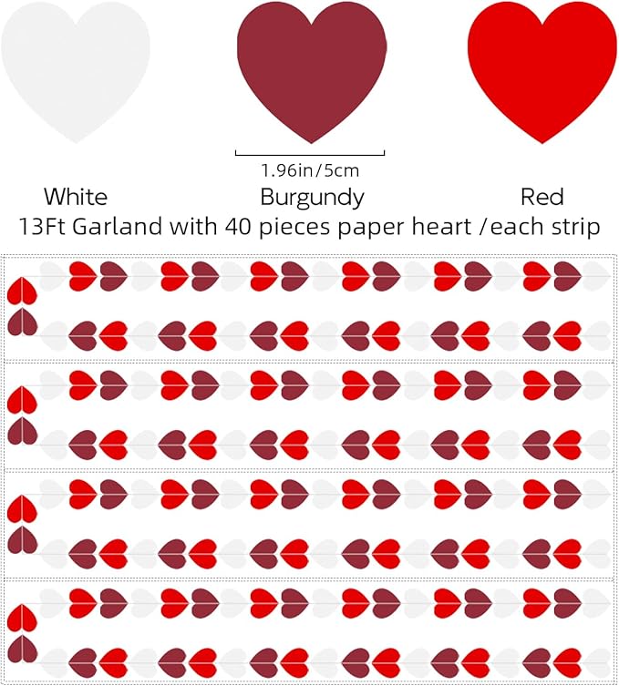 White Burgundy Red Anniversary Decorations – 52Ft Paper Garland Streamer Birthday Party Banner Engagement Bachelorette Mothers Day Wedding Baby Bridal Shower Valentines Day Hanging Heart Decoration