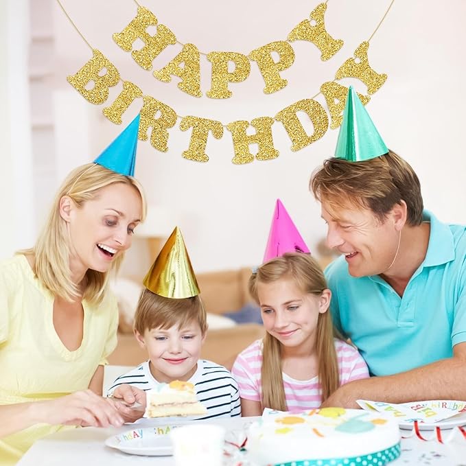 Glitter Gold Happy Birthday Banner Birthday Party Decorations Sign Garland Bunting Banner for Wall Decor Party Background for Kids Boys Girls Adults