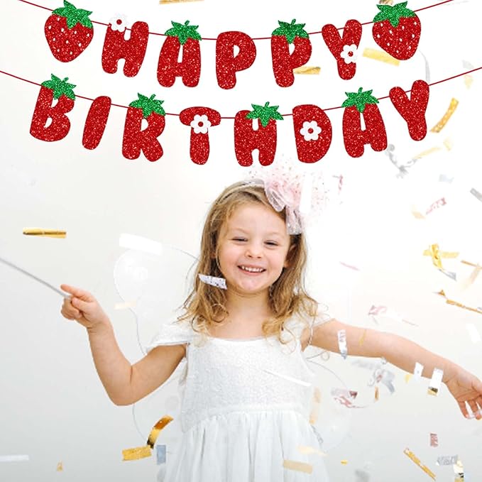 Strawberry Happy Birthday Banner, Glitter Strawberry Banner, Strawberry Theme Birthday Garland for Birthday Party Hanging Decorations