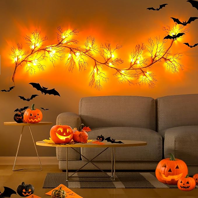 Joyhalo Halloween Garland with Lights Decorations with Pumpkin Lights,Battery Operated 6FT 47 LED Halloween Willow Vine Twig Garland for Mantle,Wall,Fireplace and Halloween Decorations