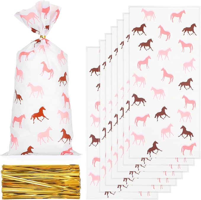 QfwdfcTrenz 50 Pcs Pink Horse Bags Horse Party Favors Print Candy Plastic Cowboy Goodie Bag with Twist Ties Favor Horses Goodie Bags for Western Theme Birthday Party Wrappers Supplies