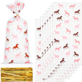 QfwdfcTrenz 50 Pcs Pink Horse Bags Horse Party Favors Print Candy Plastic Cowboy Goodie Bag with Twist Ties Favor Horses Goodie Bags for Western Theme Birthday Party Wrappers Supplies