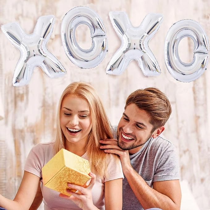Soochat XOXO Balloons Valentine Letters Mylar Foil Balloons Engagement Valentines Day Wedding Marriage Bridal Shower Birthday Party Decor Photo Props Decorations (Silver)