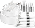 175PCS Sliver Plastic Plates - Silver Plates Disposable - White Plate with Silver Trim 25Guests Plastic Dinnerware Sets with Rolled Napkins for Wedding Baby Shower Spring Birthday