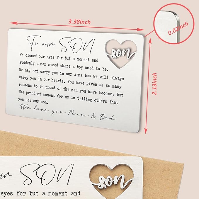 YODOCAMP To Our Son Wallet Insert Card from Mom and Dad, Stainless Steel Laser-Engraved Postcard with Heart Cutout, Inspirational Message Gift for Son Birthday Graduation from Parents QBK02