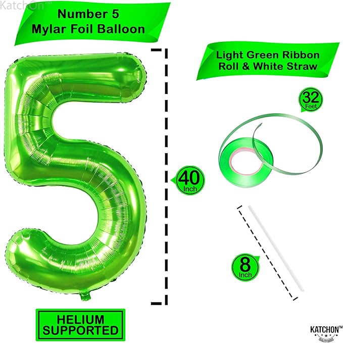 KatchOn, Light Green 5 Balloon Numbers - 40 Inch | Balloons for 5th Birthday Decorations for Boys | 5th Birthday Balloons | Dinosaur Party Decoration | Number Balloons for Anniversary Decorations