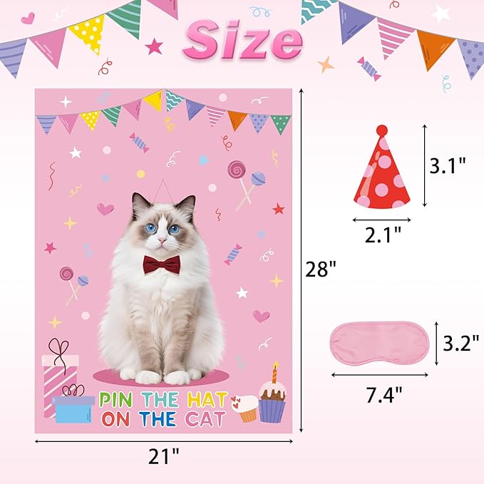 Kopokita Pin The Hat on The Cat Party Game with 24 PCS Tails and Two Eye Mask for Kids Birthday Party Carnival Fiesta Party Supplies 21'' x 28'' (Cat)
