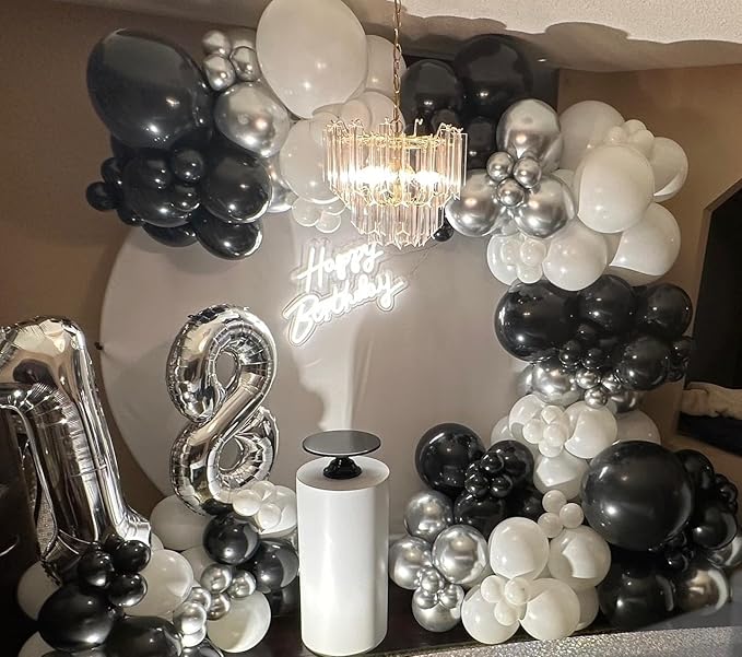 Black and Silver Balloons, 100Pcs 12inch Black White Metallic Chrome Silver Confetti Balloons with 1 Ribbon for Birthday, Baby Shower, Wedding, Graduation Theme Party Decoration