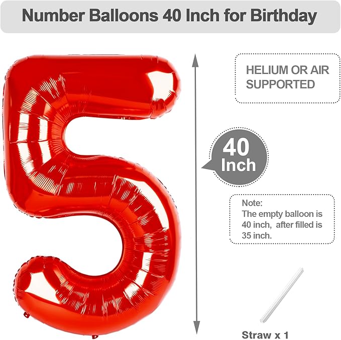 5 Balloon Number 40 Inch, 5 Balloons for Birthday Party, Red Numbers Balloon for 5, 15, 25, 55 Birthday Party Decoration, Anniversary, Wedding, Single Supplies