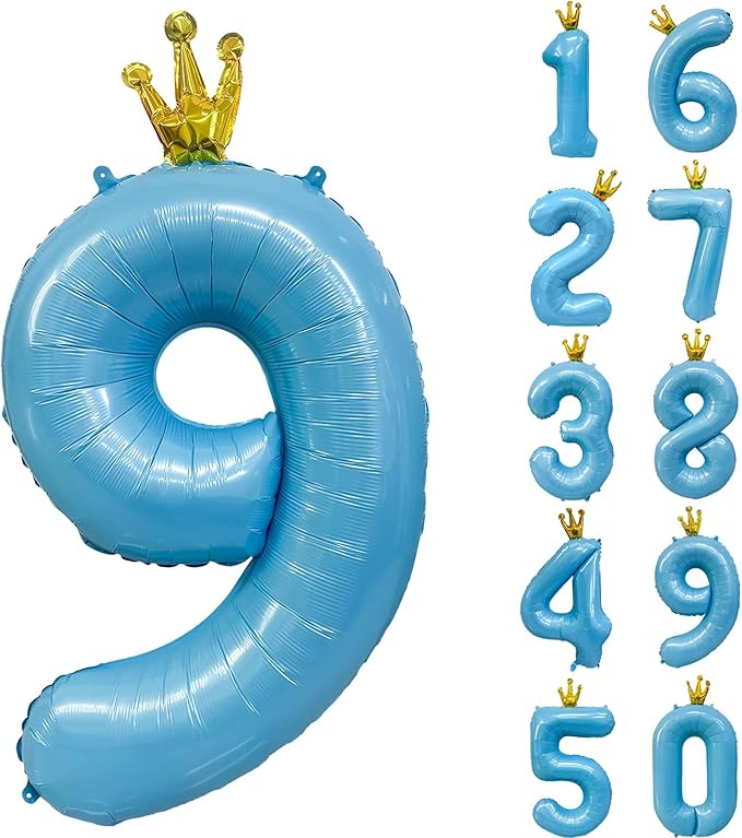 Blue Number 9 Balloon with Crown, 40 inch Blue Number Balloon 9th Birthday Party Decoration BlueCrown Balloons 0-9 for Birthday Party Anniversary Decorations Supplies